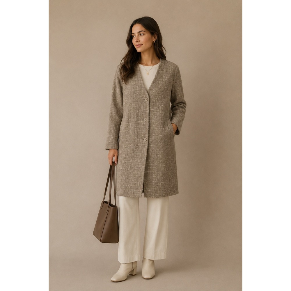 Prologue Tweed Longline Coat XS Beige Collarless Wool Blend